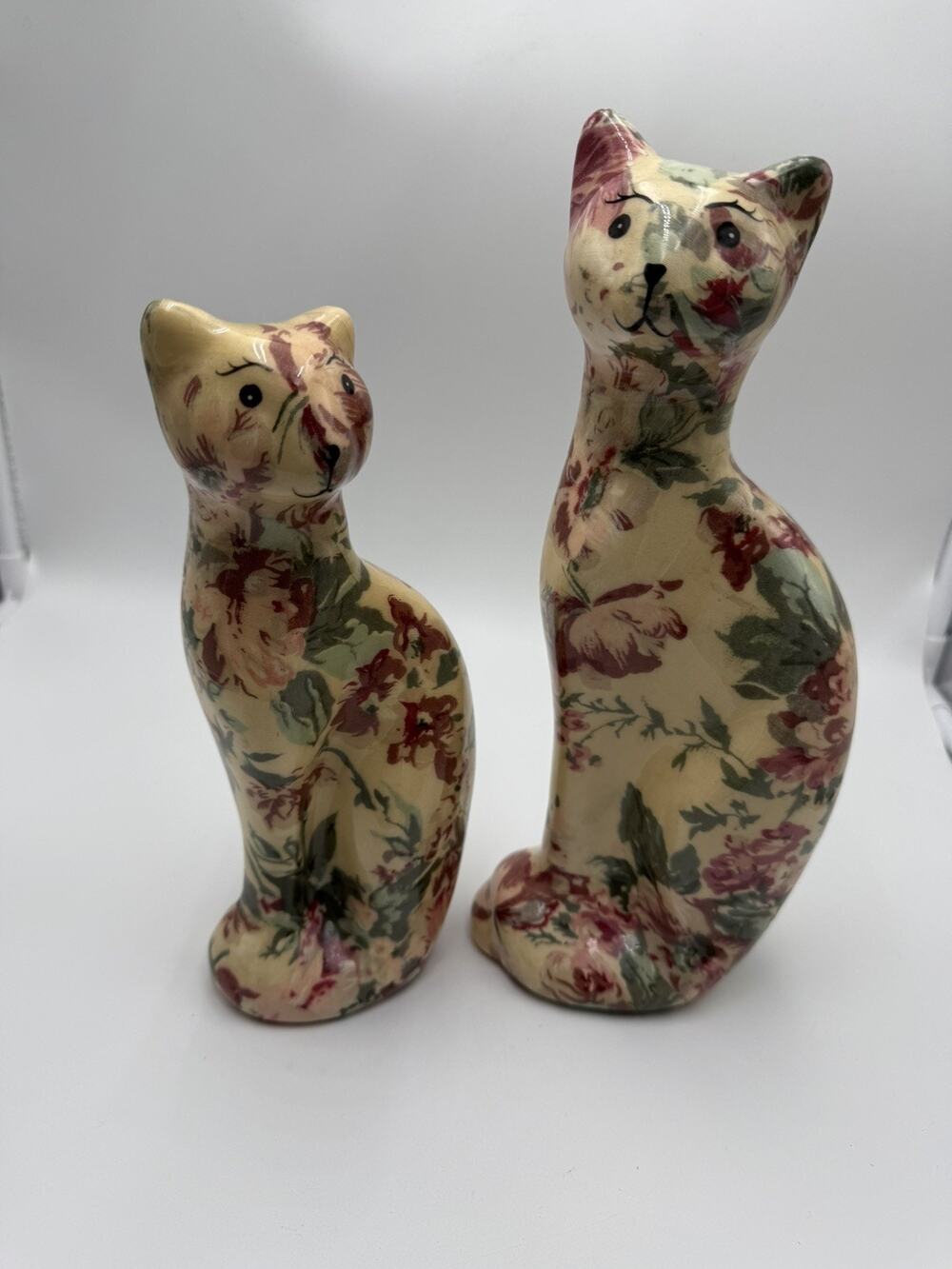 Vintage Floral Decoupage cat Figurines pair size 11 & 9 Cottagecore decor